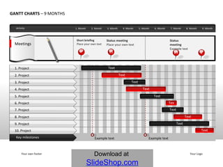 Activity GANTT CHARTS  – 9 MONTHS Short briefing Place your own text Status meeting Place your own text Meetings Example text Example text Your own footer Your Logo Status meeting Example text 9. Month  8. Month  7. Month  6. Month  5. Month  4. Month  3. Month  2. Month  1. Month  4 15 Key milestones 1. Project 2. Project 3. Project 4. Project 5. Project 6. Project 7. Project 8. Project 9. Project 10. Project Text Text Text Text Text Text Text Text Text Text 19 2 