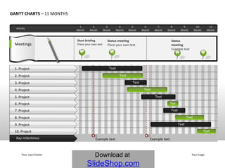 Activity GANTT CHARTS  – 11 MONTHS Short briefing Place your own text Status meeting Place your own text Meetings Example text Example text Your own footer Your Logo Status meeting Example text 11. Month  10. Month  9. Month  8. Month  7. Month  6. Month  5. Month  4. Month  3. Month  2. Month  1. Month  4 15 Key milestones 1. Project 2. Project 3. Project 4. Project 5. Project 6. Project 7. Project 8. Project 9. Project 10. Project Text Text Text Text Text Text Text Text Text Text 19 2 