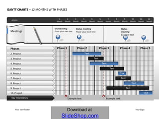Activity GANTT CHARTS  – 12 MONTHS WITH PHASES Short briefing Place your own text Status meeting Place your own text Meetings Example text Example text Your own footer Your Logo Status meeting Example text 12. Month  11. Month  10. Month  9. Month  8. Month  7. Month  6. Month  5. Month  4. Month  3. Month  2. Month  1. Month  Phase 1 Phase 2 Phase 3 Phase 4 Phase 5 4 15 Key milestones Phases 2. Project 3. Project 4. Project 5. Project 6. Project 7. Project 8. Project 9. Project 10. Project Text Text Text 19 2 Text Text Text Text Text Text 