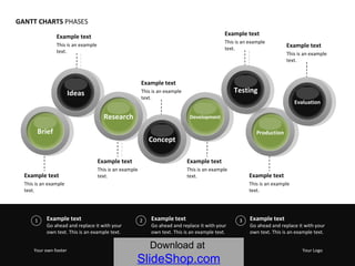 GANTT CHARTS  PHASES Example text This is an example text.  Example text This is an example text.  Example text This is an example text.  Example text This is an example text.  Example text This is an example text.  Example text This is an example text.  Example text This is an example text.  Example text This is an example text.  Example text Go ahead and replace it with your own text. This is an example text.  Example text Go ahead and replace it with your own text. This is an example text.  Example text Go ahead and replace it with your own text. This is an example text.  Your own footer Your Logo Download at   SlideShop.com Brief Ideas Research Development Production Evaluation Concept Testing 1 2 3 