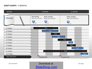 Your own footer Your Logo Activity Example text 2. Month  Example text 1. Month  GANTT CHARTS  – 2 MONTHS Short briefing Place your own text Status meeting Place your own text Meetings Status meeting Place your own text Text Text Text Text Text Text Text Key milestones 3 5 17 Text 1. Project 2. Project 3. Project 4. Project 5. Project 6. Project 7. Project 8. Project 9. Project 10. Project Text Text 