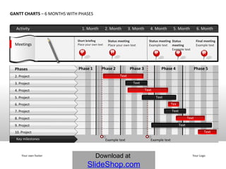Activity 1. Month  GANTT CHARTS  – 6 MONTHS WITH PHASES Short briefing Place your own text Status meeting Place your own text Meetings Status meeting Example text Example text Example text Your own footer Your Logo Status meeting Example text Final meeting Example text 2. Month  3. Month  4. Month  5. Month  6. Month  Phase 1 Phase 2 Phase 3 Phase 4 Phase 5 2 7 17 Key milestones Phases 2. Project 3. Project 4. Project 5. Project 6. Project 7. Project 8. Project 9. Project 10. Project Text Text Text 7 17 Text Text Text Text Text Text 