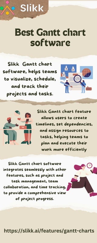 Slikk Gantt chart feature
allows users to create
timelines, set dependencies,
and assign resources to
tasks, helping teams to
plan and execute their
work more efficiently
Slikk Gantt chart software
integrates seamlessly with other
features, such as project and
task management, team
collaboration, and time tracking,
to provide a comprehensive view
of project progress.
Slikk Gantt chart
software, helps teams
to visualize, schedule,
and track their
projects and tasks.
Best Gantt chart
software
https://slikk.ai/features/gantt-charts
 