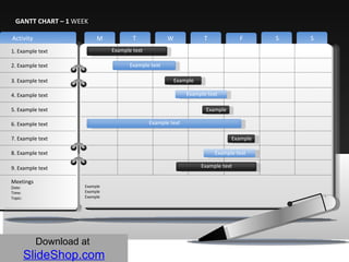 GANTT CHART – 1  WEEK Download at   SlideShop.com Activity M T W T F S S 1. Example text 2. Example text 3. Example text 4. Example text 5. Example text 6. Example text 7. Example text 8. Example text 9. Example text Example text Example text Example text Example Example text Example Example Example text Example text Meetings Date:  Time: Topic: Example Example Example 