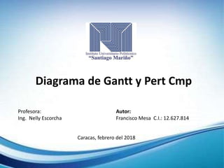 Diagrama de Gantt y Pert Cmp
Profesora:
Ing. Nelly Escorcha
Autor:
Francisco Mesa C.I.: 12.627.814
Caracas, febrero del 2018
 