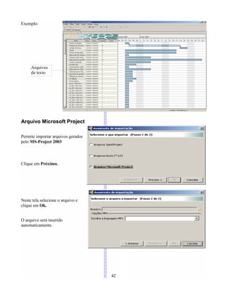 Exemplo:
Arquivo Microsoft Project
Permite importar arquivos gerados
pelo MS-Project 2003
Clique em Próximo.
Neste tela selecione o arquivo e
clique em Ok.
O arquivo será inserido
automaticamente.
42
Arquivos
de texto
 
