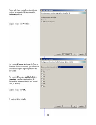 Nesta tela é perguntado o domínio de
projeto ao usuário. Deixe marcado
Default (padrão)
Depois clique em Próximo
No campo Choose weekend defina os
dias dos finais de semana, que não serão
considerados para o planejamento da
atividade.
No campo Choose a public holidays
calendar escolha o calendário de
feriados do país que deseja (no nosso
caso, o Brasil).
Depois clique em OK.
O projeto já foi criado.
12
 