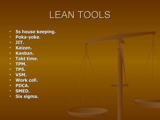 LEAN TOOLS 5s house keeping. Poka-yoke.  JIT. Kaizen. Kanban. Takt time. TPM. TPS. VSM. Work cell. PDCA. SMED. Six sigma. 