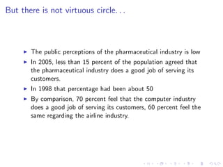 But there is not virtuous circle. . .



     I   The public perceptions of the pharmaceutical industry is low
     I   In 2005, less than 15 percent of the population agreed that
         the pharmaceutical industry does a good job of serving its
         customers.
     I   In 1998 that percentage had been about 50
     I   By comparison, 70 percent feel that the computer industry
         does a good job of serving its customers, 60 percent feel the
         same regarding the airline industry.
 