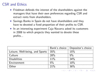 CSR and Ethics
    I   Friedman defends the interest of the shareholders against the
        managers that have their own preferences regarding CSR and
        extract rents from shareholders.
    I   Savings Banks in Spain do not have shareholders and they
        have to devoted a …xed proportion of their pro…ts to CSR.
    I   In an interesting experiment Caja Navarra asked its customers
        in 2008 to which projects they wanted to devote these
        pro…ts...



                                     Bank’ choice
                                          s          Depositor’ choice
                                                               s
   Leisure, Well-being, and Sports   35%             15%
   Culture                           28%             5%
   Disabilities                      11%             34%
   Environment                       5%              10%
   Other                             21%             36%
 