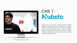 CAS 1:
Segons el pla de comunicació i màrqueting global de NUBELO
planifiquem l’estratègia On Go Video Branding de la companyia.
L’objeciu principal és incrementar el valor de marca de l’empresa a
través d’una comunicació contínua amb el públic de NUBELO.
Aquesta estratègia comprèn diversos formats audiovisuals i tàctiques
d’”advocacy”: employer video branding, brand movies i diferents
peces de màrqueting audiovisual.
** Fes clic al play per obrir el vídeo
 
