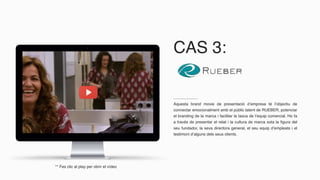 CAS 3:
Aquesta brand movie de presentació d’empresa té l’objectiu de
connectar emocionalment amb el públic latent de RUEBER, potenciar
el branding de la marca i facilitar la tasca de l’equip comercial. Ho fa
a través de presentar el relat i la cultura de marca sota la figura del
seu fundador, la seva directora general, el seu equip d’empleats i el
testimoni d’alguns dels seus clients.
** Fes clic al play per obrir el vídeo
 