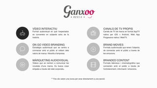 VÍDEO INTERACTIU
Format audiovisual en què l’espectador
es converteix en subjecte actiu de la
història.
ON GO VIDEO BRANDING
Estratègia audiovisual que se centra a
connectar amb el públic al voltant dels
valors de marca i filosofia d’empresa.
MÀRQUETING AUDIOVISUAL
Videos que se centren a comunicar les
novetats d’una marca. Es busca crear
empatia a través del relat corporatiu.
CANALS DE TV PROPIS
Canals de TV de marca en format AppTV
nativa per iOS + Android, Web App
Progessiva nativa i WebTV.
BRAND MOVIES
Formats audiovisuals que tenen l’objectiu
de connectar amb el públic a través de
les emocions.
BRANDED CONTENT
Formats televisius i cinematogràfics que
connecten amb el públic a través de
l’entreteniment, informació i emocions.
** Fes clic sobre una icona per anar directament a una secció
 