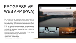PROGRESSIVE
WEB APP (PWA)
La “Progressive Web App” és la versió d’escriptori del canal de TV. Té
el seu propi domini (www.lamevaTV.com, per exemple), cosa que
permet que l’usuari hi pugui accedir sense haver de descarregar-se
l’AppTV. Això permet que l’audiència pugui veure’n el contingut com a
pas previ a la instal·lació.
El que veu l’usuari en aquesta versió web és exactament el mateix
que a l’AppTV, amb una altra gran diferència: hi pot accedir
directament des de qualsevol dispositiu, sigui mòbil o no, com ara
l’ordinador o l’SmartTV.
La versió “Progressive Web App” dels canals de TV que impulsa
Ganxoo Media ofereixen aquests altres avantatges:
- Dispara el posicionament SEO
- Permet enviar notificacions push
- Pot funcionar sense connexió a Internet
 