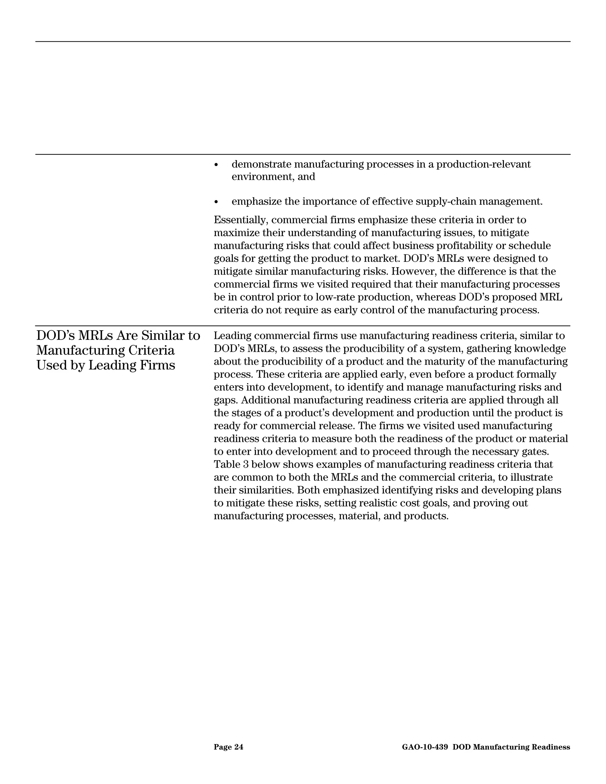 •   demonstrate manufacturing processes in a production-relevant
                                environment, and

                            •   emphasize the importance of effective supply-chain management.
                            Essentially, commercial firms emphasize these criteria in order to
                            maximize their understanding of manufacturing issues, to mitigate
                            manufacturing risks that could affect business profitability or schedule
                            goals for getting the product to market. DOD’s MRLs were designed to
                            mitigate similar manufacturing risks. However, the difference is that the
                            commercial firms we visited required that their manufacturing processes
                            be in control prior to low-rate production, whereas DOD’s proposed MRL
                            criteria do not require as early control of the manufacturing process.

DOD’s MRLs Are Similar to   Leading commercial firms use manufacturing readiness criteria, similar to
Manufacturing Criteria      DOD’s MRLs, to assess the producibility of a system, gathering knowledge
Used by Leading Firms       about the producibility of a product and the maturity of the manufacturing
                            process. These criteria are applied early, even before a product formally
                            enters into development, to identify and manage manufacturing risks and
                            gaps. Additional manufacturing readiness criteria are applied through all
                            the stages of a product’s development and production until the product is
                            ready for commercial release. The firms we visited used manufacturing
                            readiness criteria to measure both the readiness of the product or material
                            to enter into development and to proceed through the necessary gates.
                            Table 3 below shows examples of manufacturing readiness criteria that
                            are common to both the MRLs and the commercial criteria, to illustrate
                            their similarities. Both emphasized identifying risks and developing plans
                            to mitigate these risks, setting realistic cost goals, and proving out
                            manufacturing processes, material, and products.




                            Page 24                                GAO-10-439 DOD Manufacturing Readiness
 