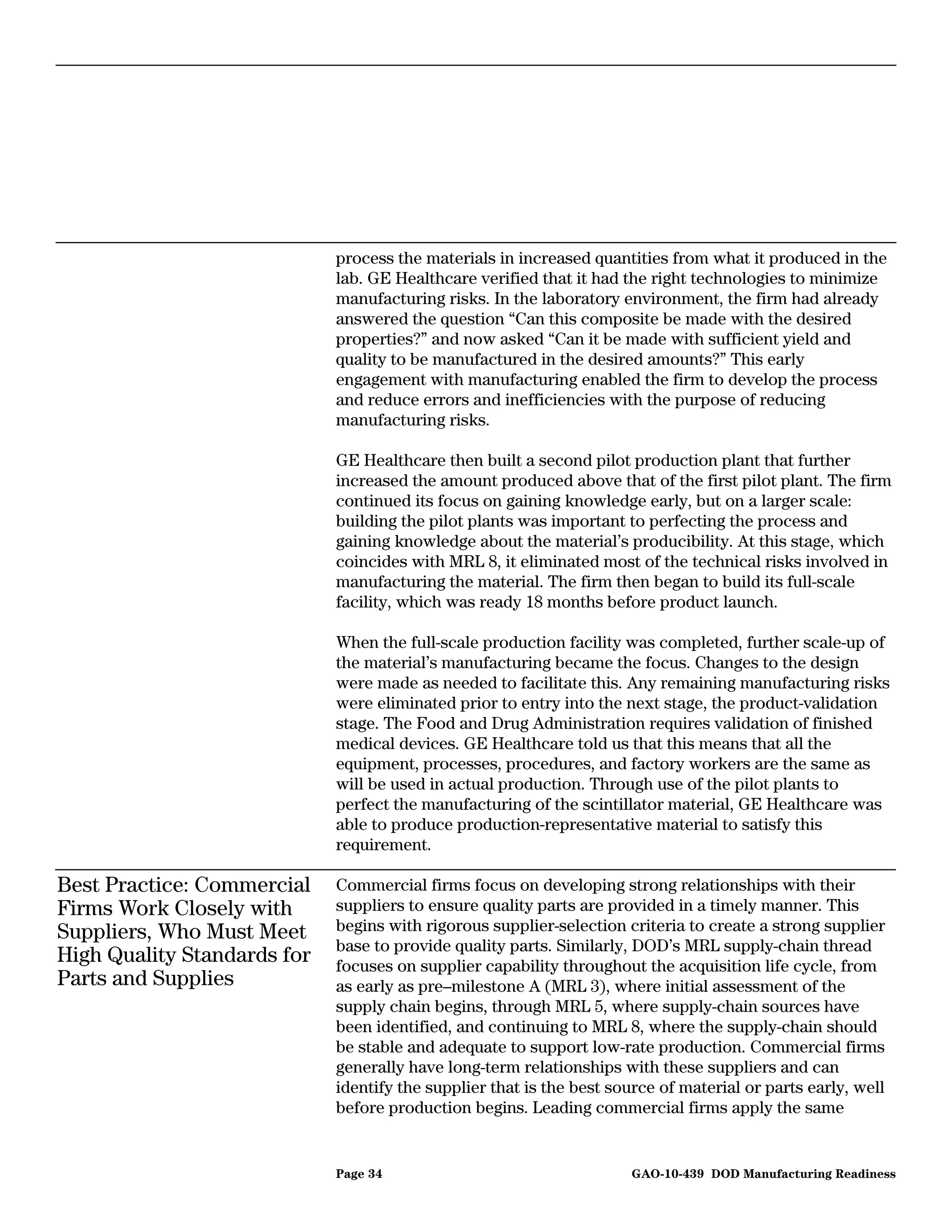 process the materials in increased quantities from what it produced in the
                             lab. GE Healthcare verified that it had the right technologies to minimize
                             manufacturing risks. In the laboratory environment, the firm had already
                             answered the question “Can this composite be made with the desired
                             properties?” and now asked “Can it be made with sufficient yield and
                             quality to be manufactured in the desired amounts?” This early
                             engagement with manufacturing enabled the firm to develop the process
                             and reduce errors and inefficiencies with the purpose of reducing
                             manufacturing risks.

                             GE Healthcare then built a second pilot production plant that further
                             increased the amount produced above that of the first pilot plant. The firm
                             continued its focus on gaining knowledge early, but on a larger scale:
                             building the pilot plants was important to perfecting the process and
                             gaining knowledge about the material’s producibility. At this stage, which
                             coincides with MRL 8, it eliminated most of the technical risks involved in
                             manufacturing the material. The firm then began to build its full-scale
                             facility, which was ready 18 months before product launch.

                             When the full-scale production facility was completed, further scale-up of
                             the material’s manufacturing became the focus. Changes to the design
                             were made as needed to facilitate this. Any remaining manufacturing risks
                             were eliminated prior to entry into the next stage, the product-validation
                             stage. The Food and Drug Administration requires validation of finished
                             medical devices. GE Healthcare told us that this means that all the
                             equipment, processes, procedures, and factory workers are the same as
                             will be used in actual production. Through use of the pilot plants to
                             perfect the manufacturing of the scintillator material, GE Healthcare was
                             able to produce production-representative material to satisfy this
                             requirement.

Best Practice: Commercial    Commercial firms focus on developing strong relationships with their
Firms Work Closely with      suppliers to ensure quality parts are provided in a timely manner. This
Suppliers, Who Must Meet     begins with rigorous supplier-selection criteria to create a strong supplier
                             base to provide quality parts. Similarly, DOD’s MRL supply-chain thread
High Quality Standards for   focuses on supplier capability throughout the acquisition life cycle, from
Parts and Supplies           as early as pre–milestone A (MRL 3), where initial assessment of the
                             supply chain begins, through MRL 5, where supply-chain sources have
                             been identified, and continuing to MRL 8, where the supply-chain should
                             be stable and adequate to support low-rate production. Commercial firms
                             generally have long-term relationships with these suppliers and can
                             identify the supplier that is the best source of material or parts early, well
                             before production begins. Leading commercial firms apply the same


                             Page 34                                  GAO-10-439 DOD Manufacturing Readiness
 