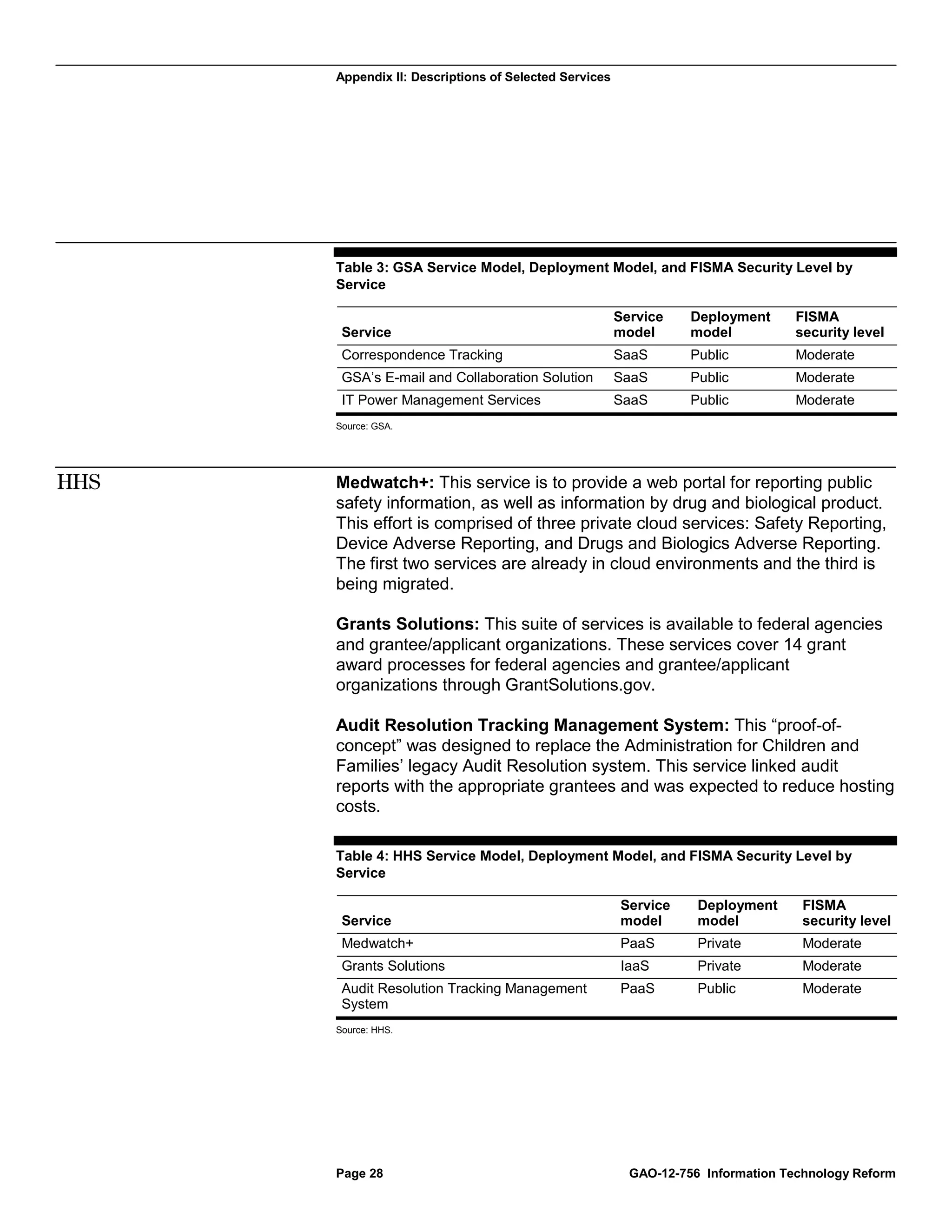 Appendix II: Descriptions of Selected Services




      Table 3: GSA Service Model, Deployment Model, and FISMA Security Level by
      Service

                                                       Service    Deployment     FISMA
       Service                                         model      model          security level
       Correspondence Tracking                         SaaS       Public         Moderate
       GSA’s E-mail and Collaboration Solution         SaaS       Public         Moderate
       IT Power Management Services                    SaaS       Public         Moderate
      Source: GSA.




HHS   Medwatch+: This service is to provide a web portal for reporting public
      safety information, as well as information by drug and biological product.
      This effort is comprised of three private cloud services: Safety Reporting,
      Device Adverse Reporting, and Drugs and Biologics Adverse Reporting.
      The first two services are already in cloud environments and the third is
      being migrated.

      Grants Solutions: This suite of services is available to federal agencies
      and grantee/applicant organizations. These services cover 14 grant
      award processes for federal agencies and grantee/applicant
      organizations through GrantSolutions.gov.

      Audit Resolution Tracking Management System: This “proof-of-
      concept” was designed to replace the Administration for Children and
      Families’ legacy Audit Resolution system. This service linked audit
      reports with the appropriate grantees and was expected to reduce hosting
      costs.

      Table 4: HHS Service Model, Deployment Model, and FISMA Security Level by
      Service

                                                       Service     Deployment     FISMA
       Service                                         model       model          security level
       Medwatch+                                       PaaS        Private        Moderate
       Grants Solutions                                IaaS        Private        Moderate
       Audit Resolution Tracking Management            PaaS        Public         Moderate
       System
      Source: HHS.




      Page 28                                            GAO-12-756 Information Technology Reform
 
