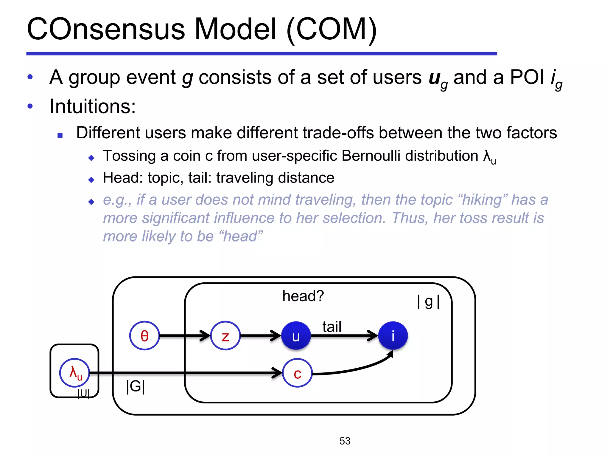 |G|
COnsensus Model (COM)
• A group event g consists of a set of users ug and a POI ig
• Intuitions:
 Different users make different trade-offs between the two factors
 Tossing a coin c from user-specific Bernoulli distribution λu
 Head: topic, tail: traveling distance
 e.g., if a user does not mind traveling, then the topic “hiking” has a
more significant influence to her selection. Thus, her toss result is
more likely to be “head”
53
θ z
| g |
u
c
i
tail
head?
λu
|U|
 