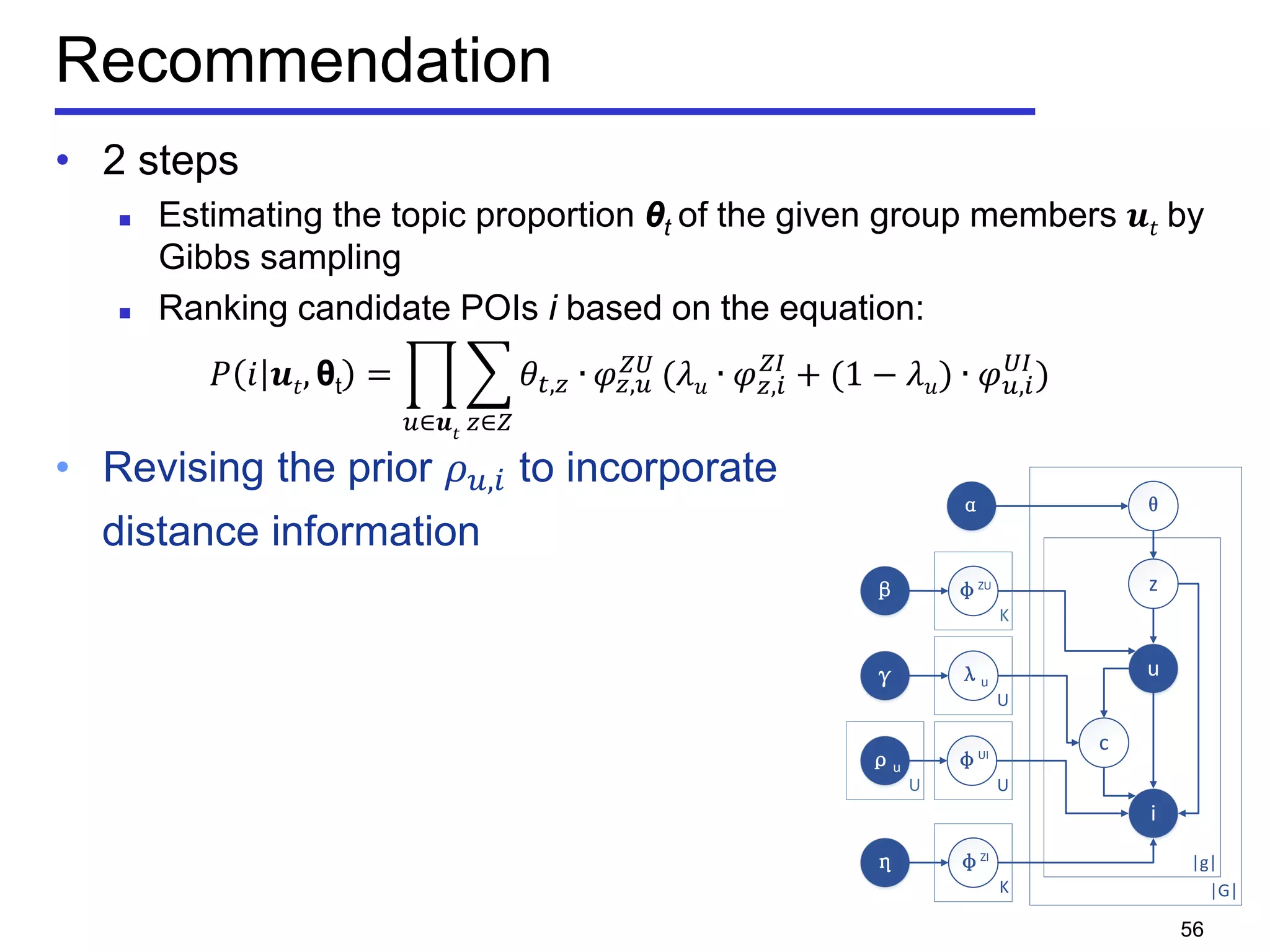 Recommendation
• 2 steps
 Estimating the topic proportion θt of the given group members 𝒖𝑡 by
Gibbs sampling
 Ranking candidate POIs i based on the equation:
𝑃 𝑖 𝒖𝑡, θt = � � 𝜃𝑡,𝑧 ∙
𝑧∈𝑍
𝜑 𝑧,𝑢
𝑍𝑍
𝑢∈𝒖𝑡
(𝜆 𝑢 ∙ 𝜑 𝑧,𝑖
𝑍𝑍
+ (1 − 𝜆 𝑢) ∙ 𝜑 𝑢,𝑖
𝑈𝐼
)
• Revising the prior 𝜌 𝑢,𝑖 to incorporate
distance information
56
θ
z
u
i
|G|
|g|
α
β φZU
λu
c
γ
U
K
ρu φUI
U
η φZI
K
U
 