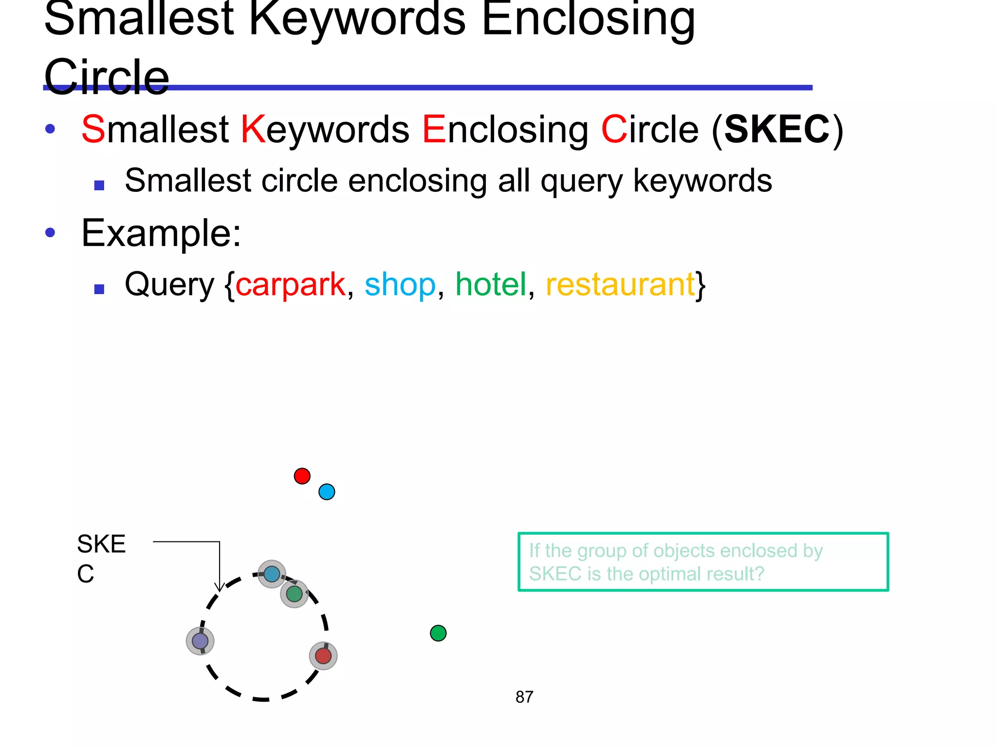 Smallest Keywords Enclosing
Circle
• Smallest Keywords Enclosing Circle (SKEC)
 Smallest circle enclosing all query keywords
• Example:
 Query {carpark, shop, hotel, restaurant}
87
SKE
C
If the group of objects enclosed by
SKEC is the optimal result?
 