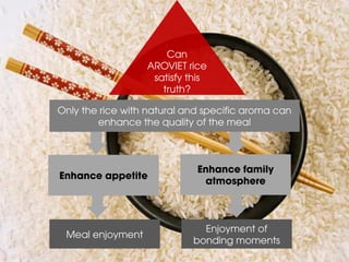 Only the rice with natural and specific aroma can enhance the quality of the meal 
Enhance appetite 
Meal enjoyment 
Enhance family atmosphere 
Enjoyment of bonding moments 
Can AROVIET rice satisfy this truth?  