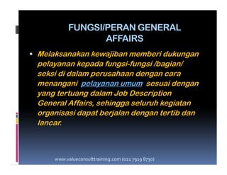 FUNGSI/PERAN GENERAL
AFFAIRS
Melaksanakan kewajiban memberi dukungan
pelayanan kepada fungsi-fungsi /bagian/
seksi di dalam perusahaan dengan cara
menangani pelayanan umum sesuai dengan
yang tertuang dalam Job Description
General Affairs, sehingga seluruh kegiatan
organisasi dapat berjalan dengan tertib dan
lancar.
www.valueconsulttraining.com (021 7919 8730)
 