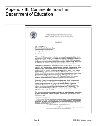 Appendix III: Comments from the Department
of Education
Page 32 GAO-19-564 Wireless Internet
Appendix III: Comments from the
Department of Education
 