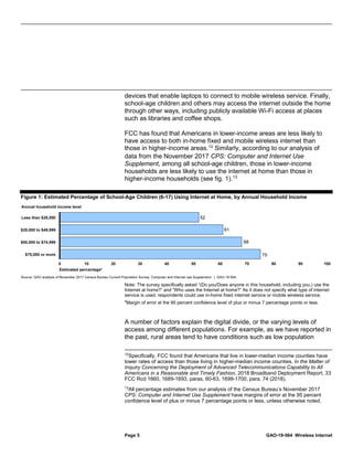 Page 5 GAO-19-564 Wireless Internet
devices that enable laptops to connect to mobile wireless service. Finally,
school-age children and others may access the internet outside the home
through other ways, including publicly available Wi-Fi access at places
such as libraries and coffee shops.
FCC has found that Americans in lower-income areas are less likely to
have access to both in-home fixed and mobile wireless internet than
those in higher-income areas.12
Similarly, according to our analysis of
data from the November 2017 CPS: Computer and Internet Use
Supplement, among all school-age children, those in lower-income
households are less likely to use the internet at home than those in
higher-income households (see fig. 1).13
Figure 1: Estimated Percentage of School-Age Children (6-17) Using Internet at Home, by Annual Household Income
Note: The survey specifically asked “(Do you/Does anyone in this household, including you,) use the
Internet at home?” and “Who uses the Internet at home?” As it does not specify what type of internet
service is used, respondents could use in-home fixed internet service or mobile wireless service.
a
Margin of error at the 95 percent confidence level of plus or minus 7 percentage points or less.
A number of factors explain the digital divide, or the varying levels of
access among different populations. For example, as we have reported in
the past, rural areas tend to have conditions such as low population
12
Specifically, FCC found that Americans that live in lower-median income counties have
lower rates of access than those living in higher-median income counties. In the Matter of
Inquiry Concerning the Deployment of Advanced Telecommunications Capability to All
Americans in a Reasonable and Timely Fashion, 2018 Broadband Deployment Report, 33
FCC Rcd 1660, 1689-1693, paras. 60-63, 1699-1700, para. 74 (2018).
13
All percentage estimates from our analysis of the Census Bureau’s November 2017
CPS: Computer and Internet Use Supplement have margins of error at the 95 percent
confidence level of plus or minus 7 percentage points or less, unless otherwise noted.
 