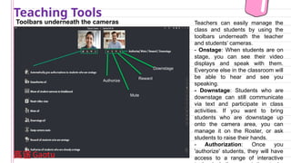 Toolbars underneath the cameras
Teaching Tools
Reward
Authorize
Mute
Downstage
Teachers can easily manage the
class and students by using the
toolbars underneath the teacher
and students’ cameras.
- Onstage: When students are on
stage, you can see their video
displays and speak with them.
Everyone else in the classroom will
be able to hear and see you
speaking.
- Downstage: Students who are
downstage can still communicate
via text and participate in class
activities. If you want to bring
students who are downstage up
onto the camera area, you can
manage it on the Roster, or ask
students to raise their hands.
- Authorization: Once you
'authorize' students, they will have
access to a range of interactive
 