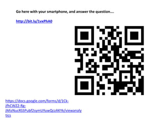 Go here with your smartphone, and answer the question….
http://bit.ly/1vxPhA0
https://docs.google.com/forms/d/1Ck-
jfhCWZ2-Rg-
jMizNucRSSPubf2symUYuwQczAKYk/viewanaly
tics
 