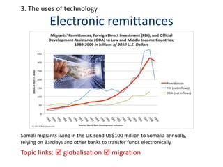 Electronic remittances
Topic links:  globalisation  migration
3. The uses of technology
Somali migrants living in the UK send US$100 million to Somalia annually,
relying on Barclays and other banks to transfer funds electronically
 