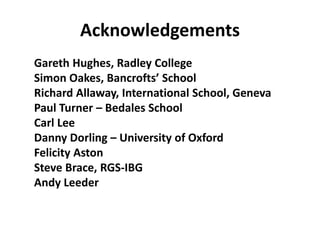 Acknowledgements
Gareth Hughes, Radley College
Simon Oakes, Bancrofts’ School
Richard Allaway, International School, Geneva
Paul Turner – Bedales School
Carl Lee
Danny Dorling – University of Oxford
Felicity Aston
Steve Brace, RGS-IBG
Andy Leeder
 