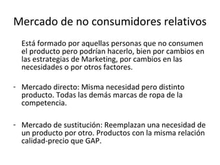 Mercado de no consumidores relativos
  Está formado por aquellas personas que no consumen
  el producto pero podrían hacerlo, bien por cambios en
  las estrategias de Marketing, por cambios en las
  necesidades o por otros factores.

- Mercado directo: Misma necesidad pero distinto
  producto. Todas las demás marcas de ropa de la
  competencia.

- Mercado de sustitución: Reemplazan una necesidad de
  un producto por otro. Productos con la misma relación
  calidad-precio que GAP.
 