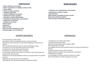 FORTALEZAS                                                                      DEBILIDADES
•- Buena exhibición en las tiendas
•- Marca reconocida por su logotipo y ventas en USA
•- Buena calidad.
•- tiendas en lugares atractivos                                                  - Problemas con la administración de inventarios.
•- empleados preparados                                                           - Dificultad para recaudar el capital.
•- continua adaptación a los clientes                                             - Expansión lenta.
•- Ambiente de compras relajadas.                                                 •Menos tiendas que Inditex por todo el mundo
•- Liderazgo en costos y diferenciación.                                          •Marca poco conocida en España
•- Producción de tallas grandes y extra grandes                                   •Fallo al cambiar la identidad corporativa
•- Amplia línea de productos.
•- Variedad en sus marcas
•web de compra
•experiencia
•Líderes en USA
•Precio más alto en España que en USA
•Otorga prestigio a sus consumidores



                        OPORTUNIDADES                                                                          AMENAZAS
•Gran demanda de “moda rápida”
•Las grandes cadenas van ganando terreno y cuota de mercado                       • Competencia en la industria del vestido
•Nuevas formas de comunicarse como el Social Shopping y otras formas por          • Incremento de tasas de interés.
Internet.                                                                         •Mercado Europeo gobernado por Inditex y H&M
•Gran cantidad de aplicaciones para las nuevas tecnologías en auge.               •Sector atomizado en España
•Los jóvenes son los que más suelen probar marcas nuevas.                         •Las imágenes de ropa y otros productos diarios son menos conocidas de lo
•Los jóvenes son los que más conocen de marcas.                                   deseado.
•Los jóvenes son compradores menos racionales.                                    •La ropa encarecerá hasta un 25% en 2011-01
•El consumidor cada vez es más activo y no se limita a recibir información sino   •Rápida rotación de artículos en las tiendas de la competencia
que es él quien sale a buscarla.                                                  •Competencia con calidad
•El 66% de los internautas españoles ha hecho una compra online en los últimos    •La racionalidad a la hora de comprar aumenta con la edad.
12 meses                                                                          •Gran uniformidad en la moda marcada por las marcas.
•Valoración de opiniones de otros consumidores
•Publicidad por mail: totalmente asequible y altamente rentable
 