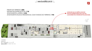 FRENTE DO TERRENO: 20M
DISTÂNCIAS ENTRE BLOCOS: 11M
AFASTAMENTO LATERAL: 4,5M
AFASTAMENTO BLOCO RESIDENCIAL COM FUNDOS DO TERRENO: 19M
Lembrando que um edifício comercial
não tem ocupação 24h por dia, com isso,
a privacidade do ed. Residencial fica preservada.
11M
...::: www.brunoiMob.com.br :::...
 