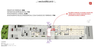 FRENTE DO TERRENO: 20M
DISTÂNCIAS ENTRE BLOCOS: 11M
AFASTAMENTO LATERAL: 4,5M
AFASTAMENTO BLOCO RESIDENCIAL COM FUNDOS DO TERRENO: 19M
No edifício residencial, as varandas e quartos são
voltados para as laterais, priorizando assim a
privacidade de ambos os edifícios.
11M
VARANDA
VARANDA
QUARTO
QUARTO
...::: www.brunoiMob.com.br :::...
 