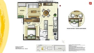 A decoração, os mobiliários, os acessórios são mera sugestão.
As medidas apresentadas na planta são de eixo a eixo de parede e poderão sofrer
alteração de 5%.
Acabamentos conforme memorial descritivo.
As esquadrias poderão sofrer alterações.
As cores dos materiais apresentados nesta planta poderão sofrer alterações.
Esta planta poderá sofrer alterações, variações nos pilares estruturais, shafts de
instalações, enchimentos, ou decorrentes de atendimento das posturas municipais,
federais, concessionárias e do local.
A localização das evaporadoras e condensadoras de ar split poderão sofrer alteração.
A área total indicada na planta é privativa, ou seja, tomada pelas linhas externas da
fachada e das divisas com áreas comuns e pelo eixo das paredes divisórias entre
unidades, conforme descrito na NBR 12.721 ABNT.
Esta planta representa a coluna 01 do 1º ao 7º pavimento do Ed. Life Tower, sendo a
coluna 02 do 1º ao 7º pavimento espelhada.
...::: www.brunoiMob.com.br :::...
 