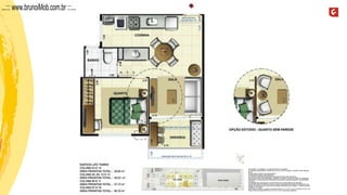 A decoração, os mobiliários, os acessórios são mera sugestão.
As medidas apresentadas na planta são de eixo a eixo de parede e poderão sofrer alteração
de 5%.
Acabamentos conforme memorial descritivo.
As esquadrias poderão sofrer alterações.
As cores dos materiais apresentados nesta planta poderão sofrer alterações.
Esta planta poderá sofrer alterações, variações nos pilares estruturais, shafts de instalações,
enchimentos, ou decorrentes de atendimento das posturas municipais, federais, concessionárias
e do local.
A localização das evaporadoras e condensadoras de ar split poderão sofrer alteração.
Aárea total indicada na planta é privativa, ou seja, tomada pelas linhas externas da fachada e das
divisas com áreas comuns e pelo eixo das paredes divisórias entre unidades, conforme descrito
na NBR 12.721 ABNT.
Esta planta representa a junção as colunas 03,05,07,11 e 13 do 1º ao 7º pavimento do Ed. Life
Tower, sendo as colunas 04,06,10,12 e 14 do 1º ao 7º pavimento espelhada.
...::: www.brunoiMob.com.br :::...
 
