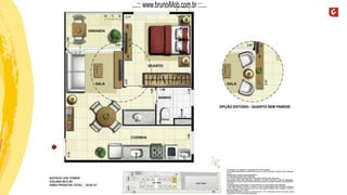 A decoração, os mobiliários, os acessórios são mera sugestão.
As medidas apresentadas na planta são de eixo a eixo de parede e poderão sofrer alteração
de 5%.
Acabamentos conforme memorial descritivo.
As esquadrias poderão sofrer alterações.
As cores dos materiais apresentados nesta planta poderão sofrer alterações.
Esta planta poderá sofrer alterações, variações nos pilares estruturais, shafts de instalações,
enchimentos, ou decorrentes de atendimento das posturas municipais, federais, concessionárias
e do local.
A localização das evaporadoras e condensadoras de ar split poderão sofrer alteração.
A área total indicada na planta é privativa, ou seja, tomada pelas linhas externas da fachada
e das divisas com áreas comuns e pelo eixo das paredes divisórias entre unidades, conforme
descrito na NBR 12.721 ABNT.
Esta planta representa a junção as colunas 08 do 1º ao 7º pavimento do Ed. Life Tower, sendo a
coluna 09 do 1º ao 7º pavimento espelhada.
...::: www.brunoiMob.com.br :::...
 