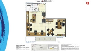 A decoração, os mobiliários, os acessórios são mera sugestão.
As medidas apresentadas na planta são de eixo a eixo de parede e poderão sofrer alteração de 5%.
Acabamentos conforme memorial descritivo.
As esquadrias poderão sofrer alterações.
As cores dos materiais apresentados nesta planta poderão sofrer alterações.
Esta planta poderá sofrer alterações, variações nos pilares estruturais, shafts de instalações,
enchimentos, ou decorrentes de atendimento das posturas municipais, federais, concessionárias e do
local.
A localização das evaporadoras e condensadoras de ar split poderão sofrer alteração.
A área total indicada na planta é privativa, ou seja, tomada pelas linhas externas da fachada e das
divisas com áreas comuns e pelo eixo das paredes divisórias entre unidades, conforme descrito na
NBR 12.721 ABNT.
Esta planta representa a coluna 10 do 2º ao 8º pavimento do Ed. Work Tower, sendo a coluna 09 do 2º
ao 8º pavimento espelhada.
...::: www.brunoiMob.com.br :::...
 