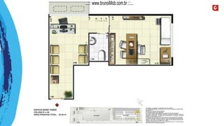 A decoração, os mobiliários, os acessórios são mera sugestão.
As medidas apresentadas na planta são de eixo a eixo de parede e poderão sofrer
alteração de 5%.
Acabamentos conforme memorial descritivo.
As esquadrias poderão sofrer alterações.
As cores dos materiais apresentados nesta planta poderão sofrer alterações.
Esta planta poderá sofrer alterações, variações nos pilares estruturais, shafts de
instalações, enchimentos, ou decorrentes de atendimento das posturas municipais,
federais, concessionárias e do local.
A localização das evaporadoras e condensadoras de ar split poderão sofrer alteração.
A área total indicada na planta é privativa, ou seja, tomada pelas linhas externas da
fachada e das divisas com áreas comuns e pelo eixo das paredes divisórias entre
unidades, conforme descrito na NBR 12.721 ABNT.
Esta planta representa a coluna 01 do 2º ao 8º pavimento do Ed. W ork Tower, sendo a
coluna 04 do 2º ao 8º pavimento espelhada.
...::: www.brunoiMob.com.br :::...
 