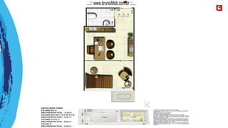 A decoração, os mobiliários, os acessórios são mera sugestão.
As medidas apresentadas na planta são de eixo a eixo de parede e poderão sofrer
alteração de 5%.
Acabamentos conforme memorial descritivo.
As esquadrias poderão sofrer alterações.
As cores dos materiais apresentados nesta planta poderão sofrer alterações.
Esta planta poderá sofrer alterações, variações nos pilares estruturais, shafts de
instalações, enchimentos, ou decorrentes de atendimento das posturas municipais,
federais, concessionárias e do local.
A localização das evaporadoras e condensadoras de ar split poderão sofrer alteração.
A área total indicada na planta é privativa, ou seja, tomada pelas linhas externas da
fachada e das divisas com áreas comuns e pelo eixo das paredes divisórias entre
unidades, conforme descrito na NBR 12.721 ABNT.
Esta planta representa a colunas 05, 07, 12, 14, 16, 18 e 20 do 2º ao 8º pavimento do
Ed. Work Tower, sendo as colunas 06,08, 11, 13, 15, 17, 19 e 21 do 2º ao 8º pavimento
espelhadas.
...::: www.brunoiMob.com.br :::...
 