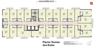 Planta Técnica
das Salas
A decoração, os mobiliários, os acessórios são mera sugestão.
As medidas apresentadas na planta são de eixo a eixo de parede e poderão sofrer alteração de 5%.
Acabamentos conforme memorial descritivo.
As esquadrias poderão sofrer alterações.
As cores dos materiais apresentados nesta planta poderão sofrer alterações.
Esta planta poderá sofrer alterações, variações nos pilares estruturais, shafts de instalações, enchimentos, ou decorrentes de
atendimento das posturas municipais, federais, concessionárias e do local.
A localização das evaporadoras e condensadoras de ar split poderão sofrer alteração.
A área total indicada na planta é privativa, ou seja, tomada pelas linhas externas da fachada e das divisas com áreas comuns e
pelo eixo das paredes divisórias entre unidades, conforme descrito na NBR 12.721 ABNT.
...::: www.brunoiMob.com.br :::...
 