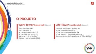 Total de salas: 147
Total de lojas: 2
Nº de pavimentos tipo: 7
Nº de salas por andar: 21
Salas de 21,81 a 33,33m²
Vagas: 1 por unidade (D.U)
Total de unidades 1 quarto: 98
Nº de pavimentos tipo: 7
Nº de unidades por andar: 14
N° de vagas: 1 vaga por unidade
Apartamentos de 1 quarto de 37,73 a 40,35m²
...::: www.brunoiMob.com.br :::...
 