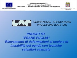 GEOPHYSICAL APPLICATIONS
PROCESSING (GAP) SRL
PROGETTO
“FRANE PUGLIA”
Rilevamento di deformazioni al suolo e di
instabilità dei pendii con tecniche
satellitari avanzate
Intervento cofinanziato dall’U.E.
F.E.S.R. sul P.O. Regione Puglia 2007-2013
Asse I – Linea 1.1 “Aiuti agli investimenti in ricerca per le PMI - Azione 1.1.2
UNIONE EUROPEA
FONDO EUROPEO DI SVILUPPO REGIONALE
REGIONE PUGLIA
AREA POLITICHE PER LO SVILUPPO IL LAVORO
E L’INNOVAZIONE
 