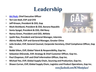 Leadership
• Art Peck, Chief Executive Officer
• Teri List-Stoll, EVP and CFO
• Jeff Kirwan, President & CEO, Gap
• Mark Breitbard, President & CEO, Banana Republic
• Sonia Syngal, President & CEO, Old Navy
• Nancy Green, President and CEO, Athleta
• Jyothi Rao, President and General Manager, Intermix
• Abinta Malik, EVP and General Manager, Greater China
• Julie Gruber, EVP, General Counsel, Corporate Secretary, Chief Compliance Officer, Gap
Inc.
• Bobbi Silten, EVP, Global Talent & Responsibility, Gap Inc.
• Sebastian DiGrande, EVP, Strategy & Chief Customer Officer, Gap Inc.
• Paul Chapman, EVP and Chief Information Officer, Gap Inc.
• Michael Yee, EVP, Global Supply Chain, Sourcing and Production, Gap Inc.
• Shawn Curran, EVP, Global Supply Chain, Logistics and Product Operations, Gap Inc.
www.facebook.com/BCNbestplace/
 
