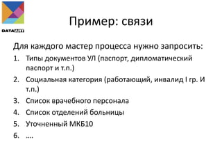 Пример: связи
Для каждого мастер процесса нужно запросить:
1. Типы документов УЛ (паспорт, дипломатический
паспорт и т.п.)
2. Социальная категория (работающий, инвалид I гр. И
т.п.)
3. Список врачебного персонала
4. Список отделений больницы
5. Уточненный МКБ10
6. ….
 