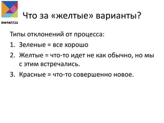 Что за «желтые» варианты?
Типы отклонений от процесса:
1. Зеленые = все хорошо
2. Желтые = что-то идет не как обычно, но мы
с этим встречались.
3. Красные = что-то совершенно новое.
 