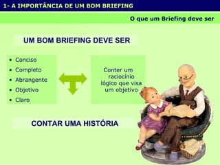 O que um Briefing deve ser  Conciso Completo Abrangente Objetivo Claro Conter um raciocínio lógico que visa um objetivo 1- A IMPORTÂNCIA DE UM BOM BRIEFING  UM BOM BRIEFING DEVE SER CONTAR UMA HISTÓRIA 