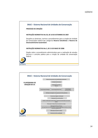 12/03/14	
  
14	
  
SNUC	
  –	
  Sistema	
  Nacional	
  de	
  Unidades	
  de	
  Conservação	
  
PROCESSO	
  DE	
  CRIAÇÃO	
  	
  
	
  
	
  
INSTRUÇÃO	
  NORMATIVA	
  No	
  03,	
  DE	
  18	
  DE	
  SETEMBRO	
  DE	
  2007	
  	
  
	
  
Disciplina	
  as	
  diretrizes,	
  normas	
  e	
  procedimentos	
  para	
  a	
  criação	
  de	
  Unidade	
  
de	
  Conservação	
  Federal	
  das	
  categorias	
  Reserva	
  Extra]vista	
  e	
  Reserva	
  de	
  
Desenvolvimento	
  Sustentável.	
  	
  
	
  
	
  
INSTRUÇÃO	
  NORMATIVA	
  No	
  5,	
  DE	
  15	
  DE	
  MAIO	
  DE	
  2008	
  	
  
	
  
Dispõe	
  sobre	
  o	
  procedimento	
  administraEvo	
  para	
  a	
  realização	
  de	
  estudos	
  
técnicos	
   e	
   consulta	
   pública	
   para	
   a	
   criação	
   de	
   unidade	
   de	
   conservação	
  
federal.	
  	
  
	
  
	
  
	
  
SNUC	
  –	
  Sistema	
  Nacional	
  de	
  Unidades	
  de	
  Conservação	
  
FLUXOGRAMA	
  DE	
  
CRIAÇÃO	
  DE	
  UC	
  
 